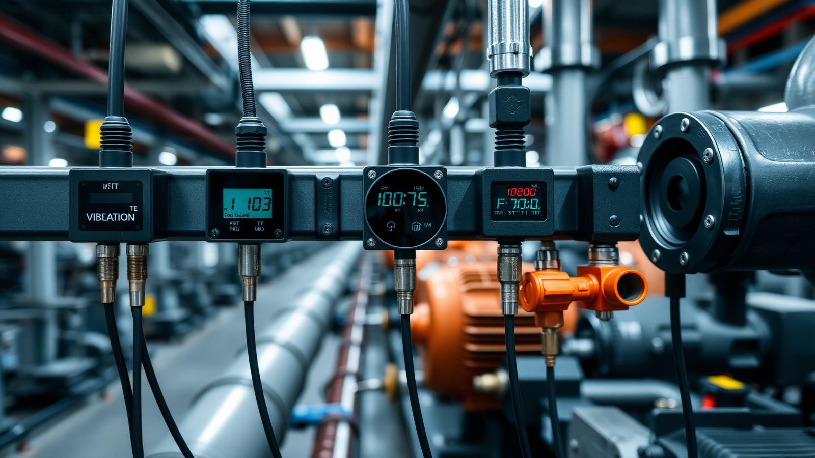 Industrial IoT sensors mounted on plant piping and motors
