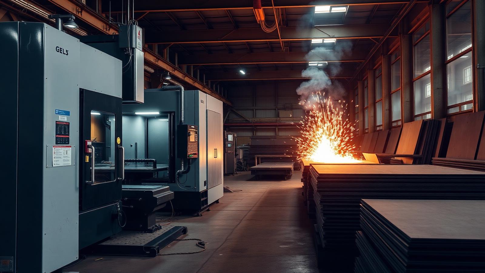 Metal fabrication shop with CNC machines and steel sheets