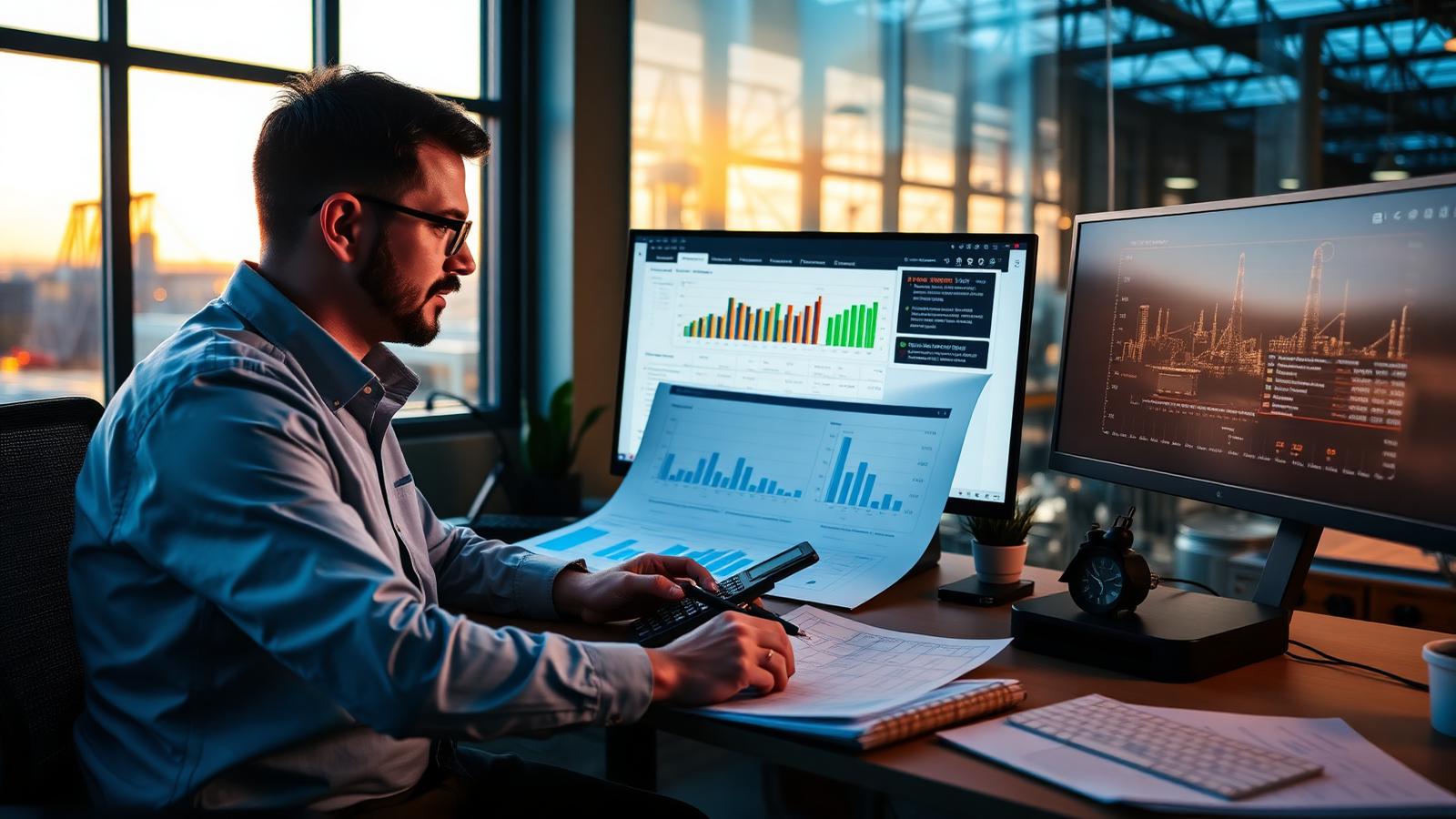 Plant manager calculating ROI at desk with dashboards