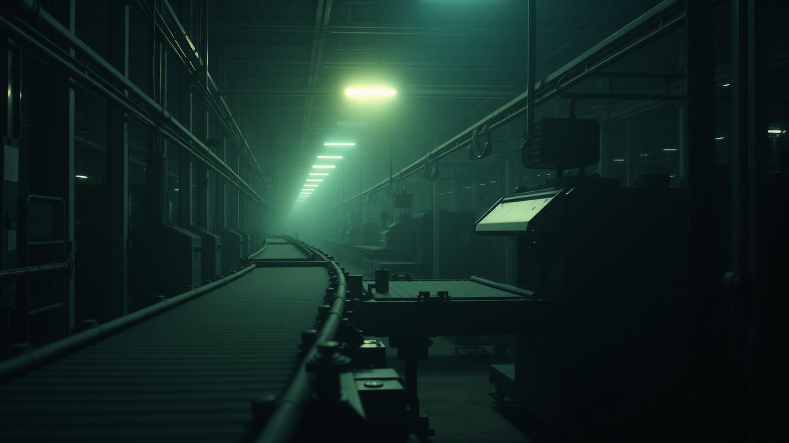 Silent, dark factory production line during downtime